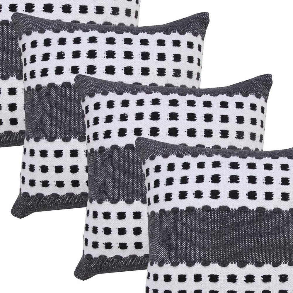Set of Four 20" X 20" Black Gray And White Lumbar Striped Cotton Throw Pillow Covers