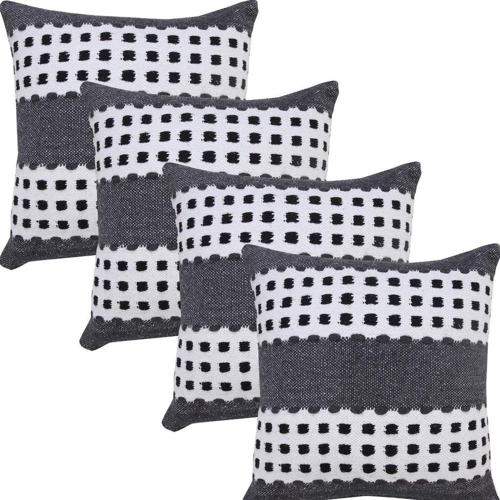 Set of Four 20" X 20" Black Gray And White Lumbar Striped Cotton Throw Pillow Covers