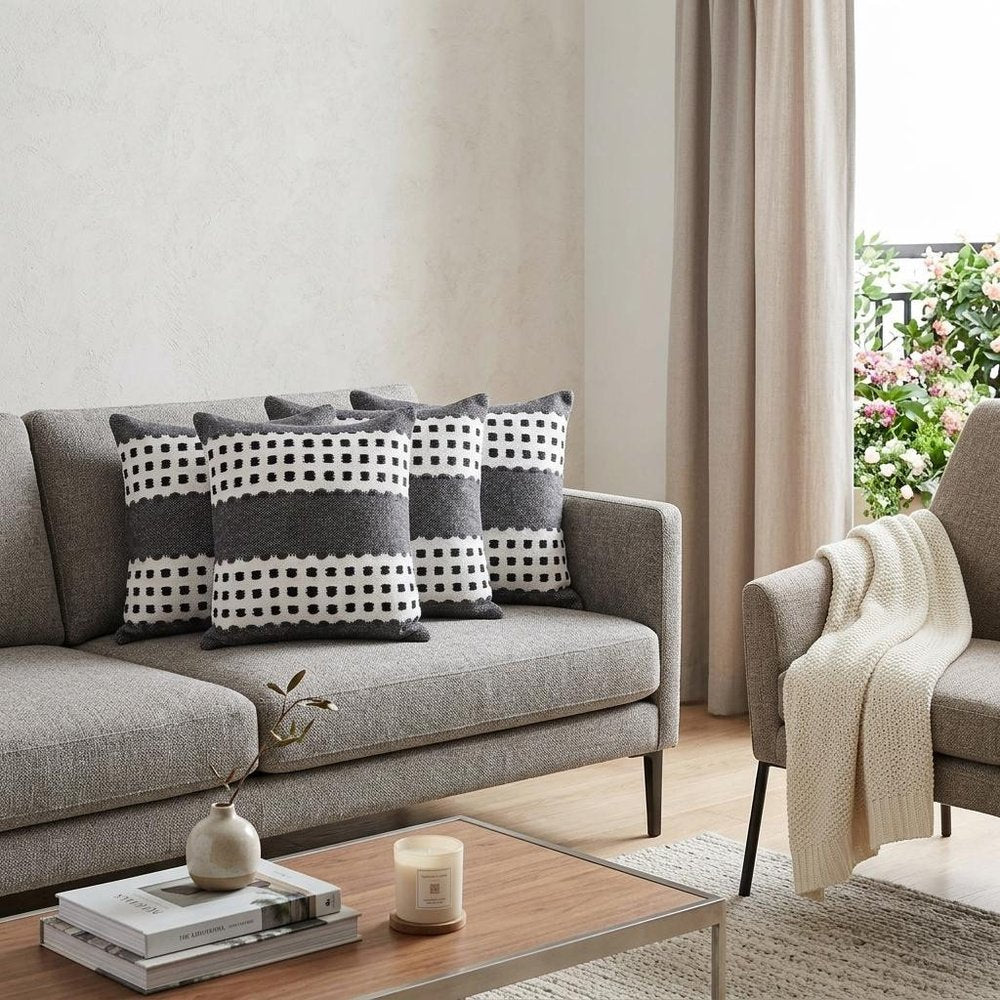 Set of Four 20" X 20" Black Gray And White Lumbar Striped Cotton Throw Pillow Covers