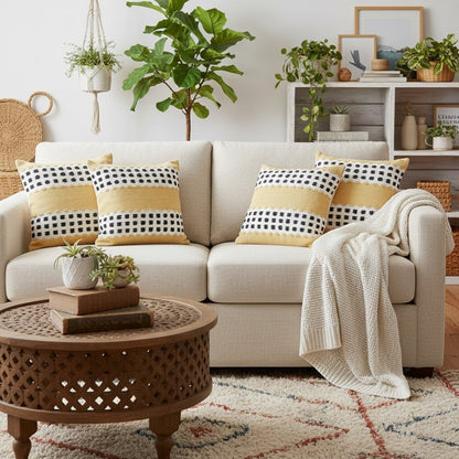 Set of Four 20" Yellow And Black Striped Cotton Throw Pillow Covers