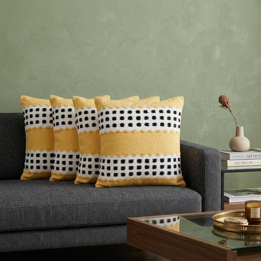 Set of Four 20" X 20" Yellow Black And White Lumbar Striped Cotton Throw Pillow Covers