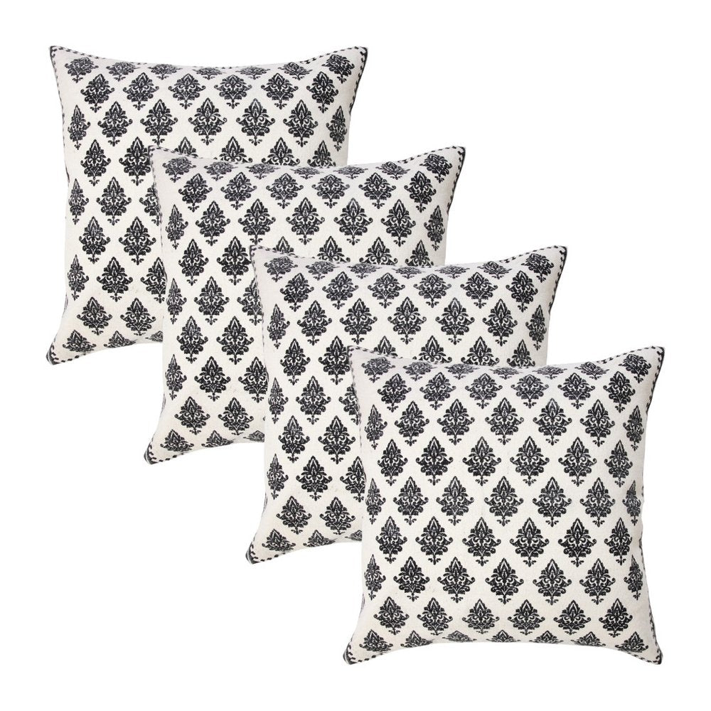Set of Four 20" White And Black Geometric Cotton Throw Pillow Covers