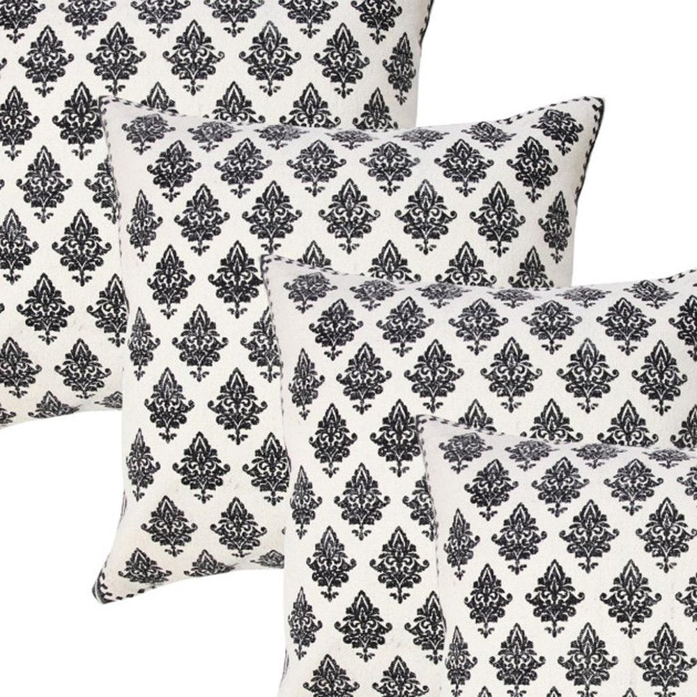 Set of Four 20" White And Black Geometric Cotton Throw Pillow Covers