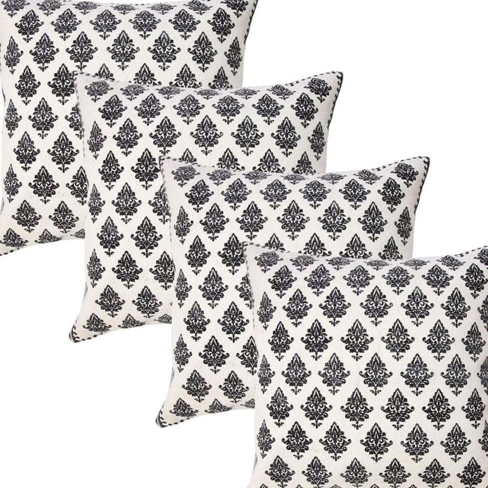 Set of Four 20" White And Black Geometric Cotton Throw Pillow Covers