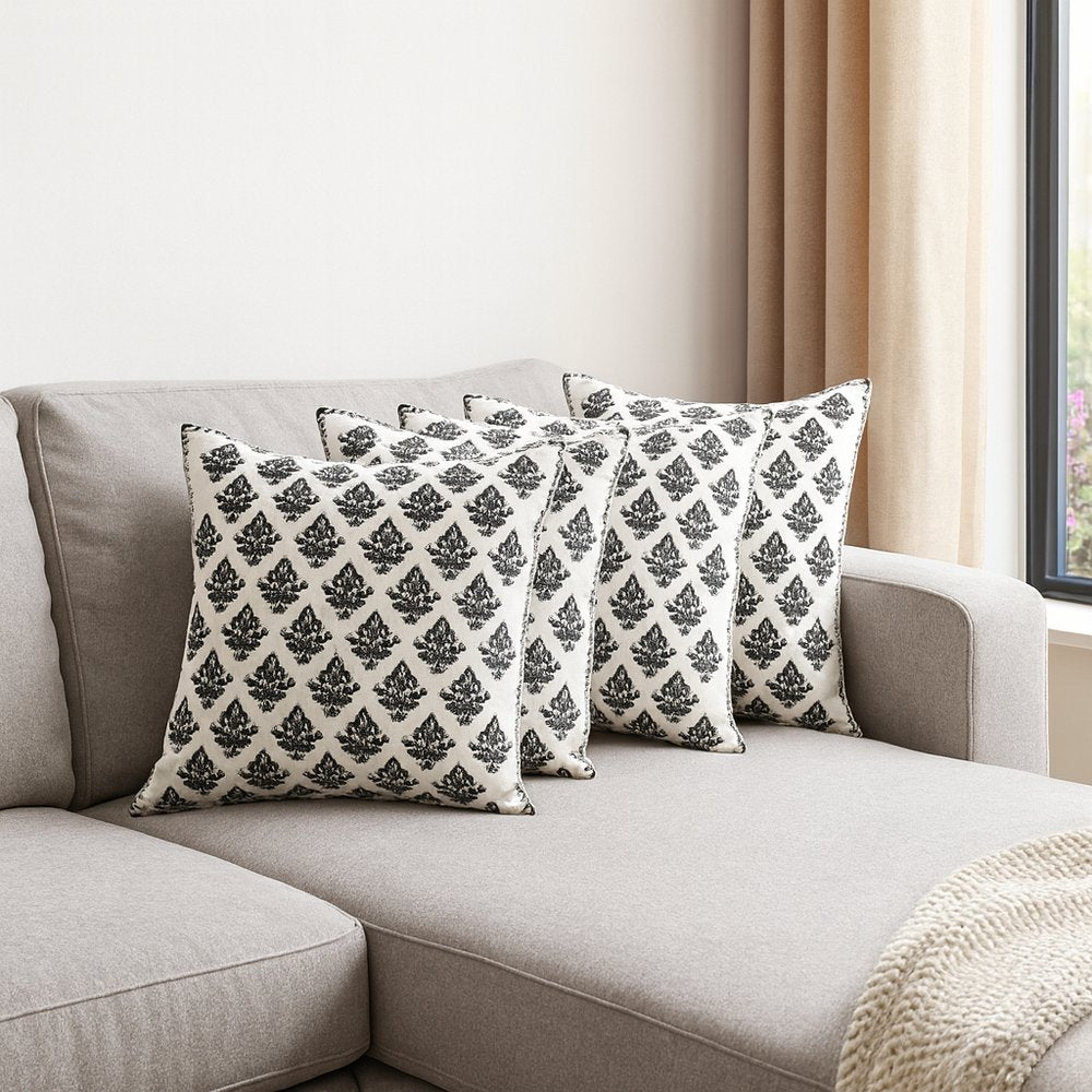 Set of Four 20" White And Black Geometric Cotton Throw Pillow Covers