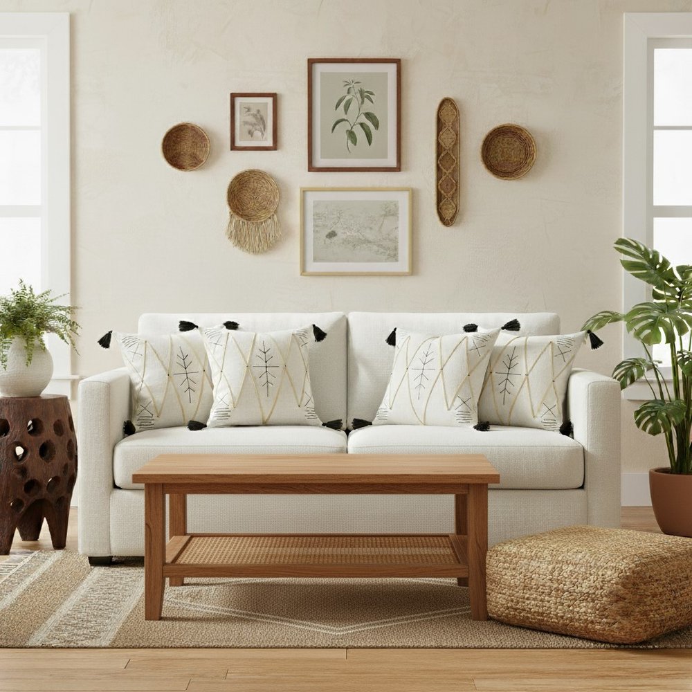 Set of Four 20" Off White And Black Geometric Cotton Throw Pillow Covers