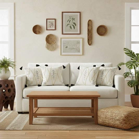 Set of Four 20" Off White And Black Geometric Cotton Throw Pillow Covers