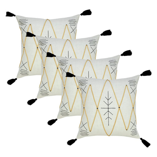 Set of Four 20" X 20" Off White Black And Cream Lumbar Geometric Cotton Throw Pillow Covers with Tassels