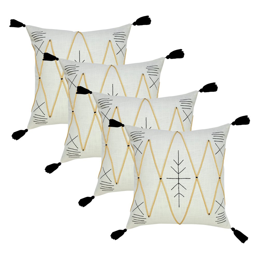 Set of Four 20" Off White And Black Geometric Cotton Throw Pillow Covers