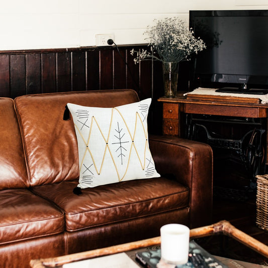 Set of Four 20" Off White And Black Geometric Cotton Throw Pillow Covers