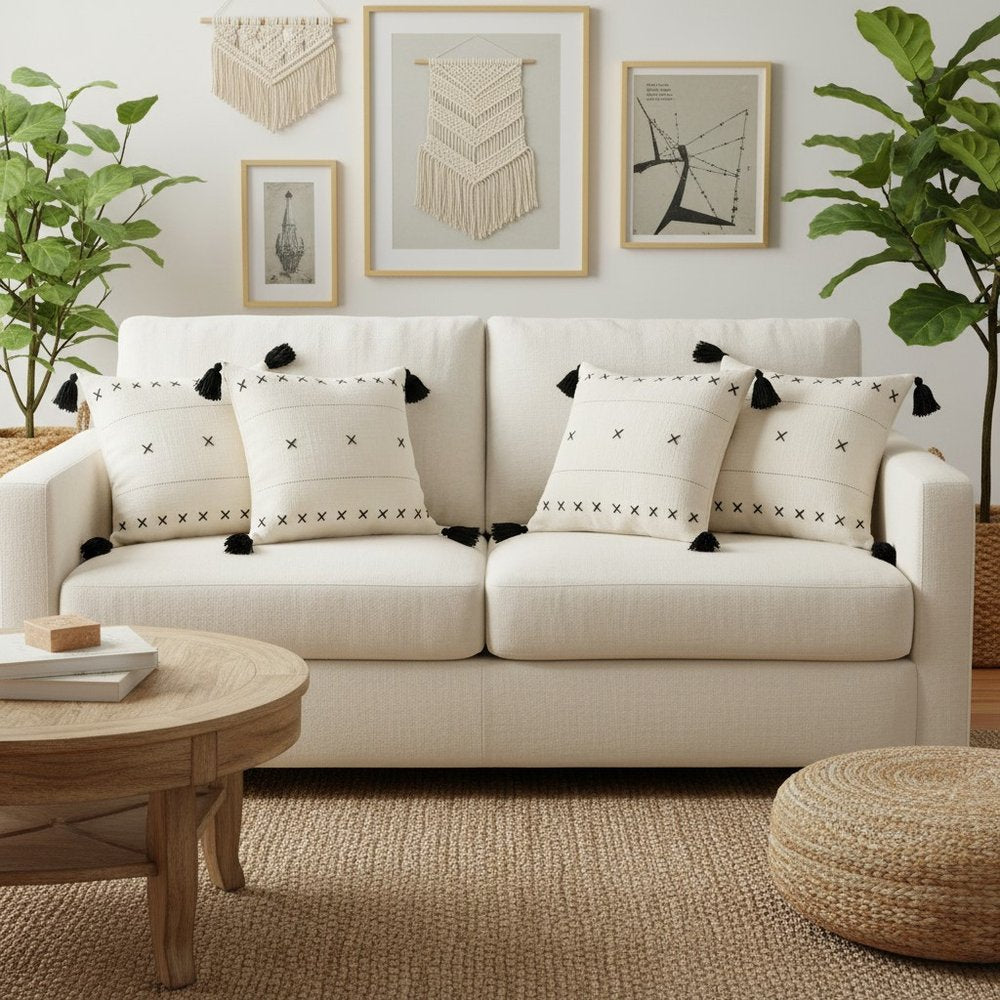 Set of Four 20" Off White And Black Geometric Cotton Throw Pillow Covers