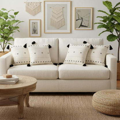 Set of Four 20" Off White And Black Geometric Cotton Throw Pillow Covers