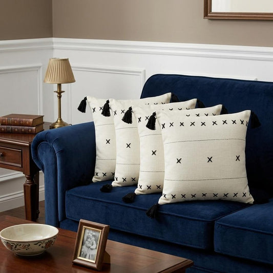 Set of Four 20" X 20" Off White And Black Lumbar Geometric Cotton Throw Pillow Covers with Tassels