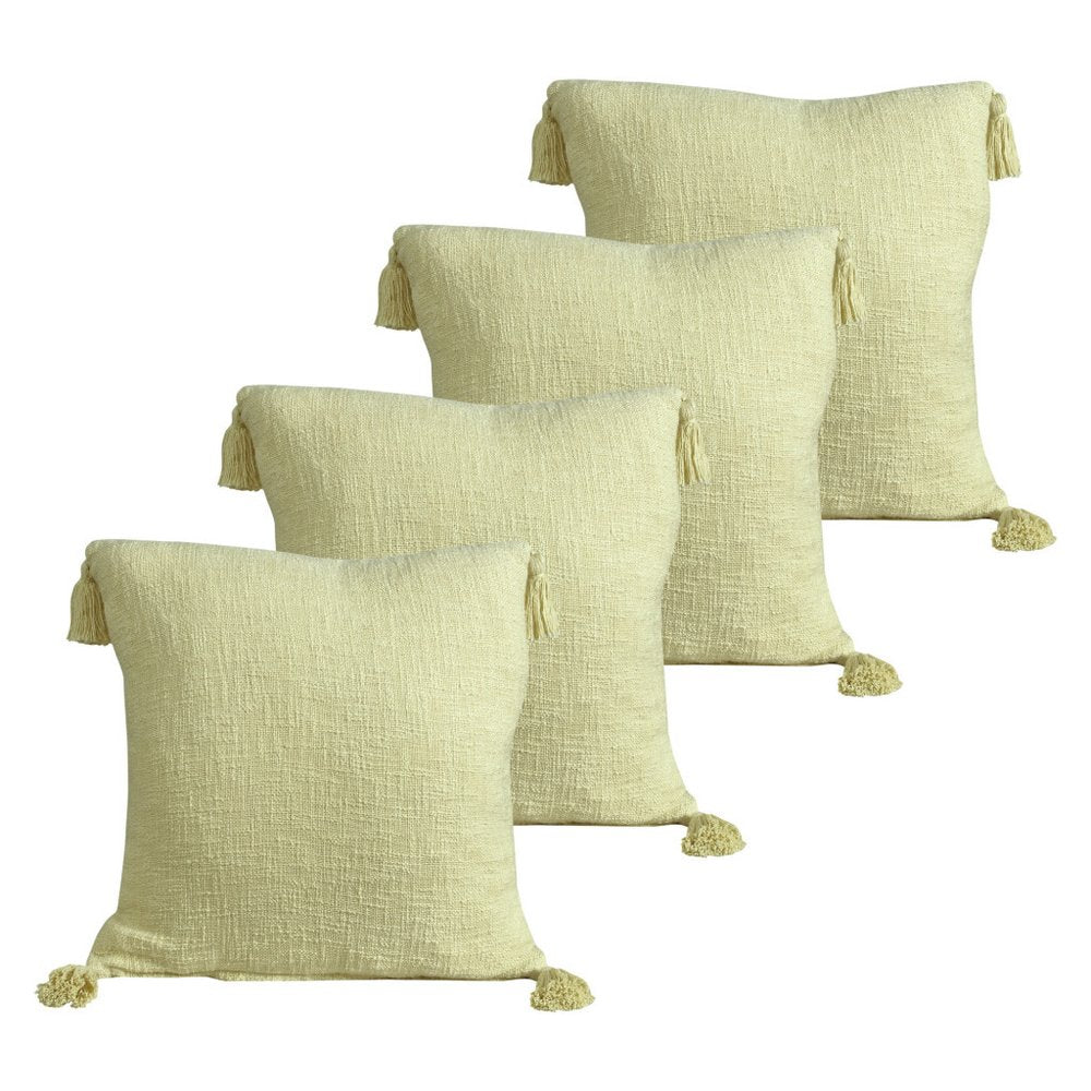 Set of Four 20" X 20" Yellow Lumbar Cotton Throw Pillow Covers with Tassels