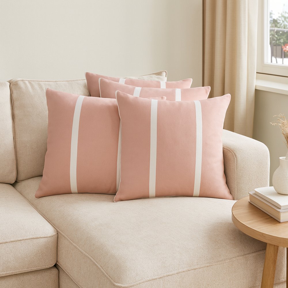 Set of Four 20" Pink And Off White Striped Recycled Poly Linen Throw Pillow Covers