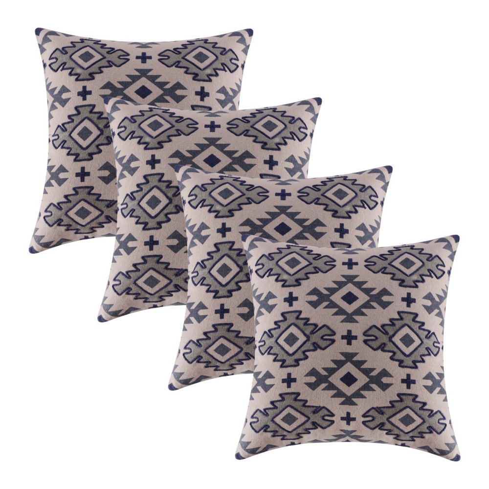 Set of Four 20" Blue And Gray Geometric Cotton Throw Pillow Covers