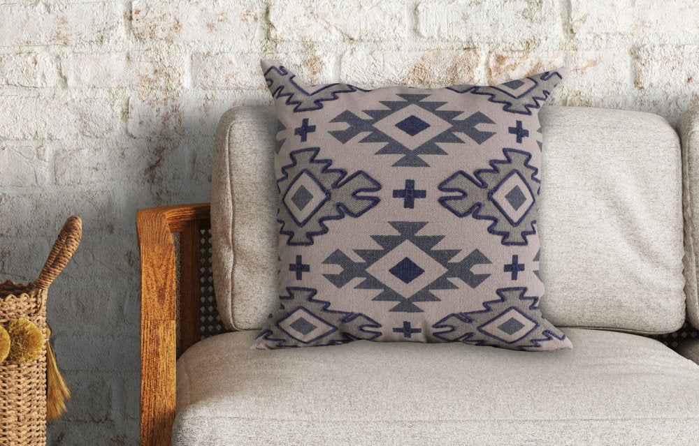 Set of Four 20" Blue And Gray Geometric Cotton Throw Pillow Covers