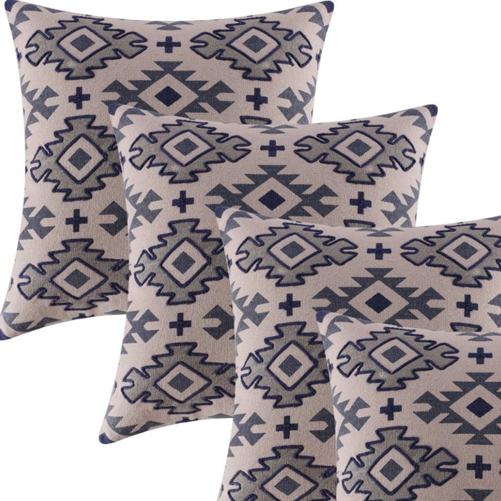 Set of Four 20" Blue And Gray Geometric Cotton Throw Pillow Covers
