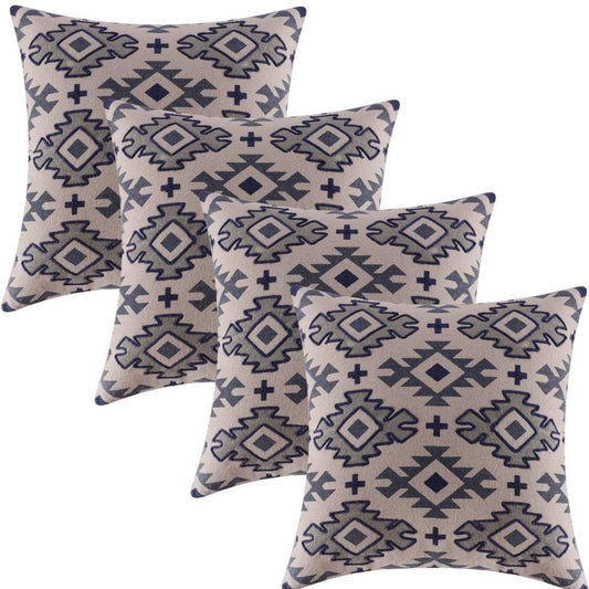 Set of Four 20" X 20" Blue And Gray Lumbar Geometric Cotton Throw Pillow Covers