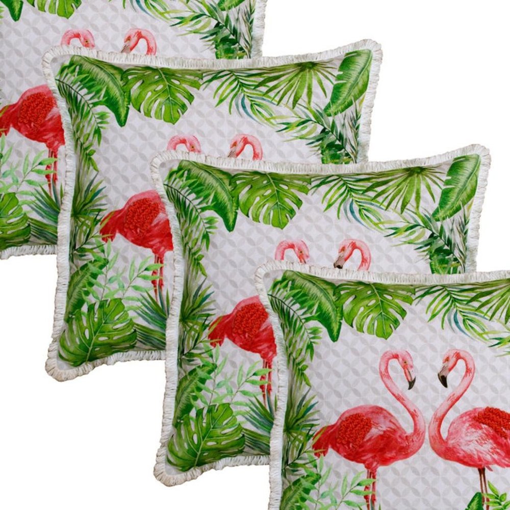 Set of Four 20" X 20" Green And Pink Lumbar Flamingo Beach Zebra Print Throw Pillow Covers