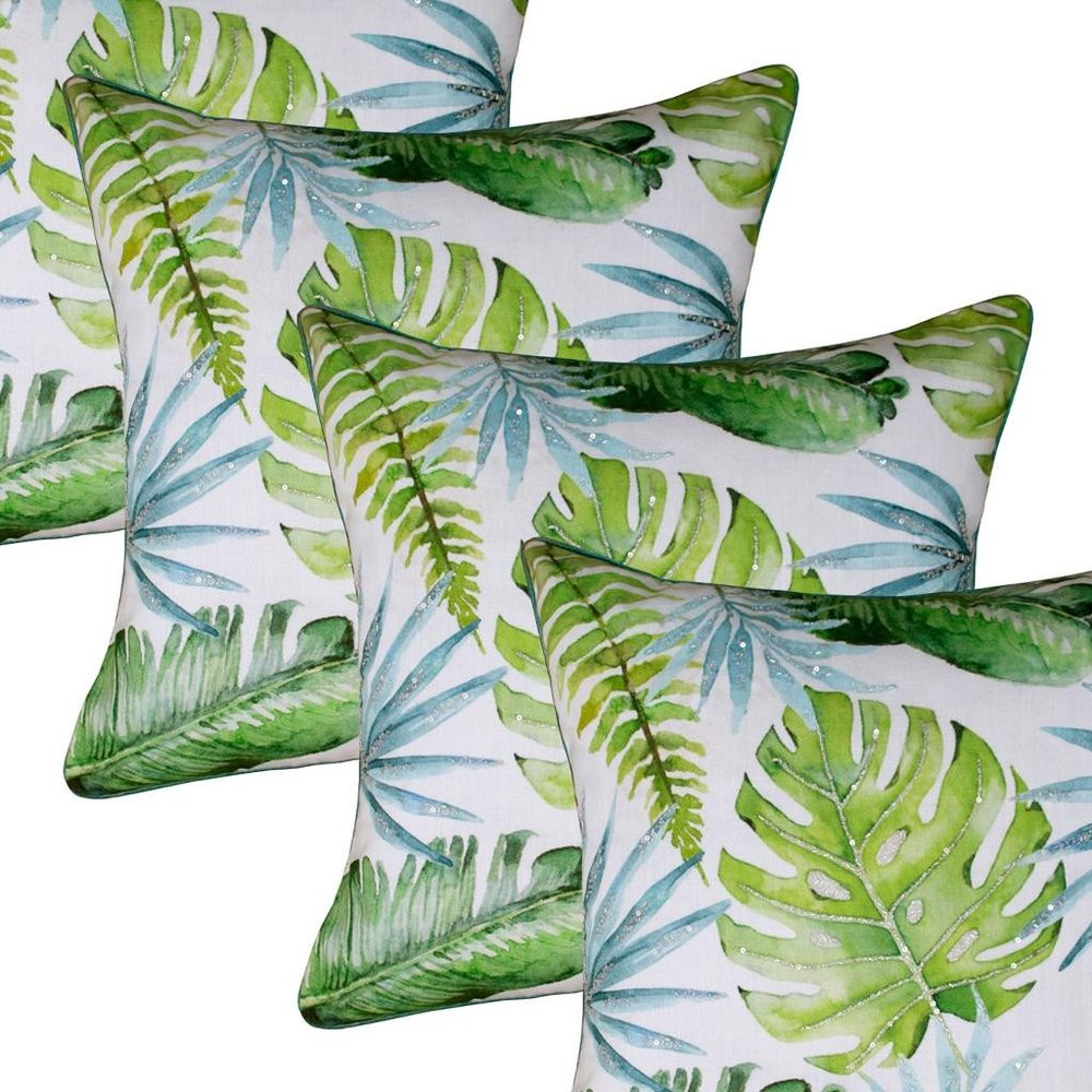 Set of Four 20" X 20" Green And Blue Lumbar Beach Tropical Throw Pillow Covers