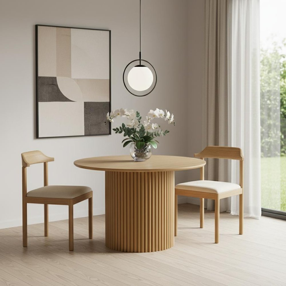 46" Natural Wood Pedestal Base Round Top Dining Table