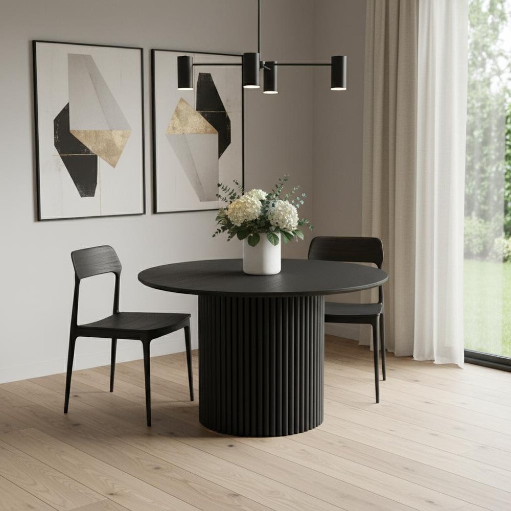 46" Black Wood Pedestal Base Round Top Dining Table