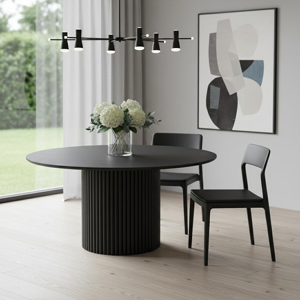 60" Black Wood Pedestal Base Round Top Dining Table