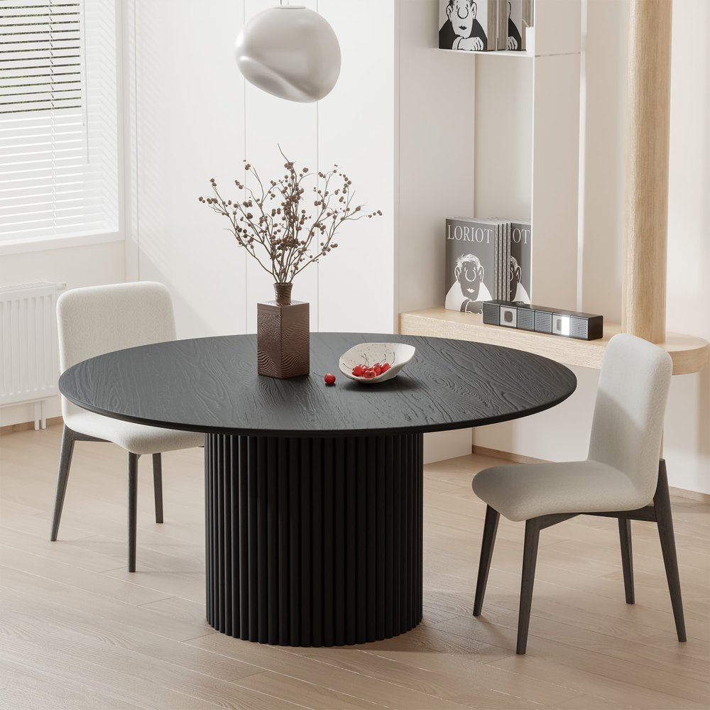 60" Black Wood Pedestal Base Round Top Dining Table