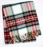 55" X 70" Black Red And White Plaid Cotton Blend Ski House Embroidered Throw Blanket with Fringe