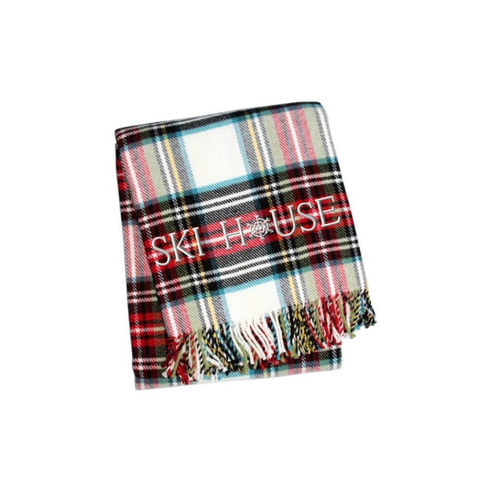 55" X 70" Black Red And White Plaid Cotton Blend Ski House Embroidered Throw Blanket with Fringe