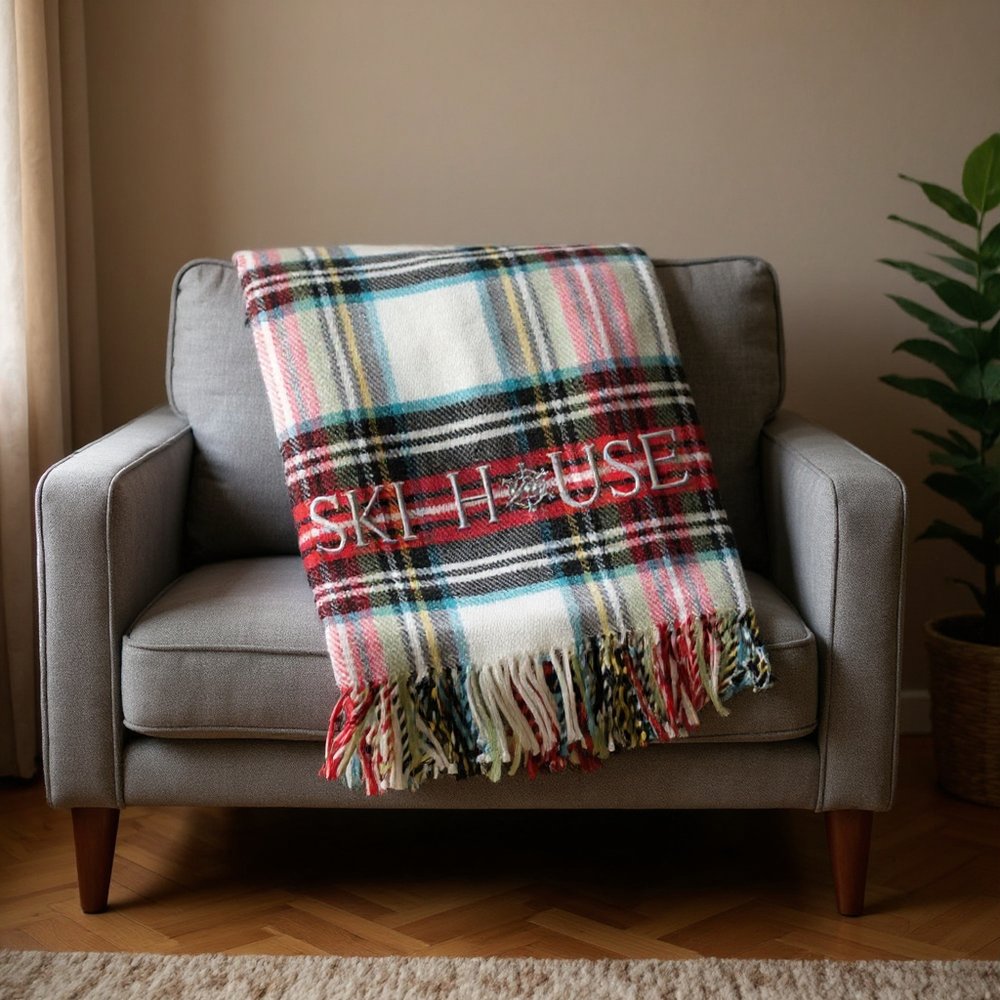 55" X 70" Black Red And White Plaid Cotton Blend Ski House Embroidered Throw Blanket with Fringe