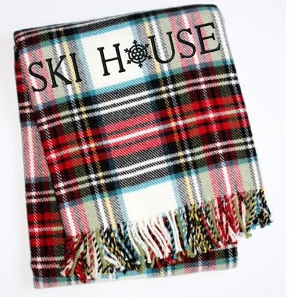 55" X 70" Black Red And White Plaid Cotton Blend Ski House Embroidered Throw Blanket with Fringe