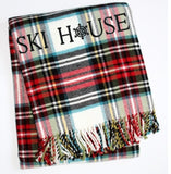 55" X 70" Black Red And White Plaid Cotton Blend Ski House Embroidered Throw Blanket with Fringe