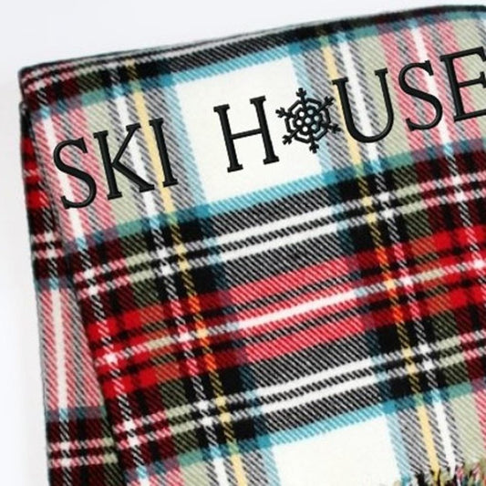 55" X 70" Black Red And White Plaid Cotton Blend Ski House Embroidered Throw Blanket with Fringe