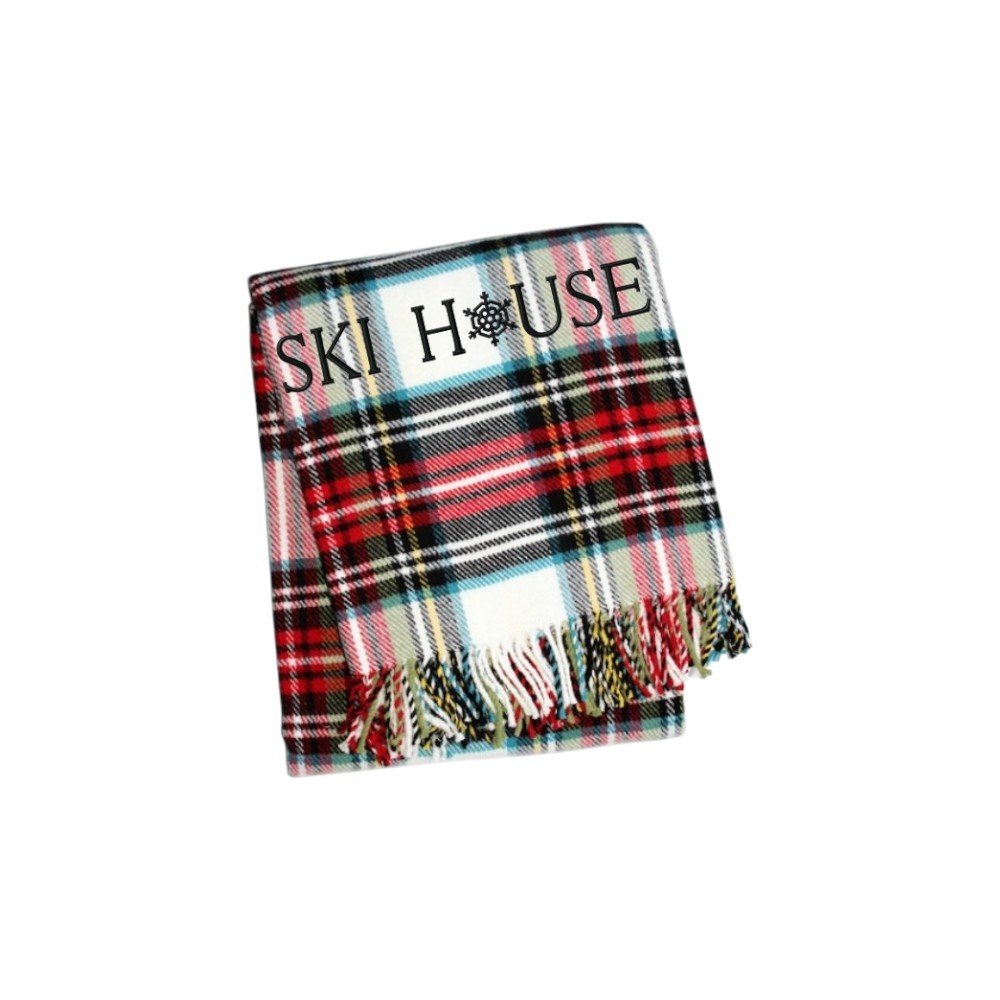 55" X 70" Black Red And White Plaid Cotton Blend Ski House Embroidered Throw Blanket with Fringe