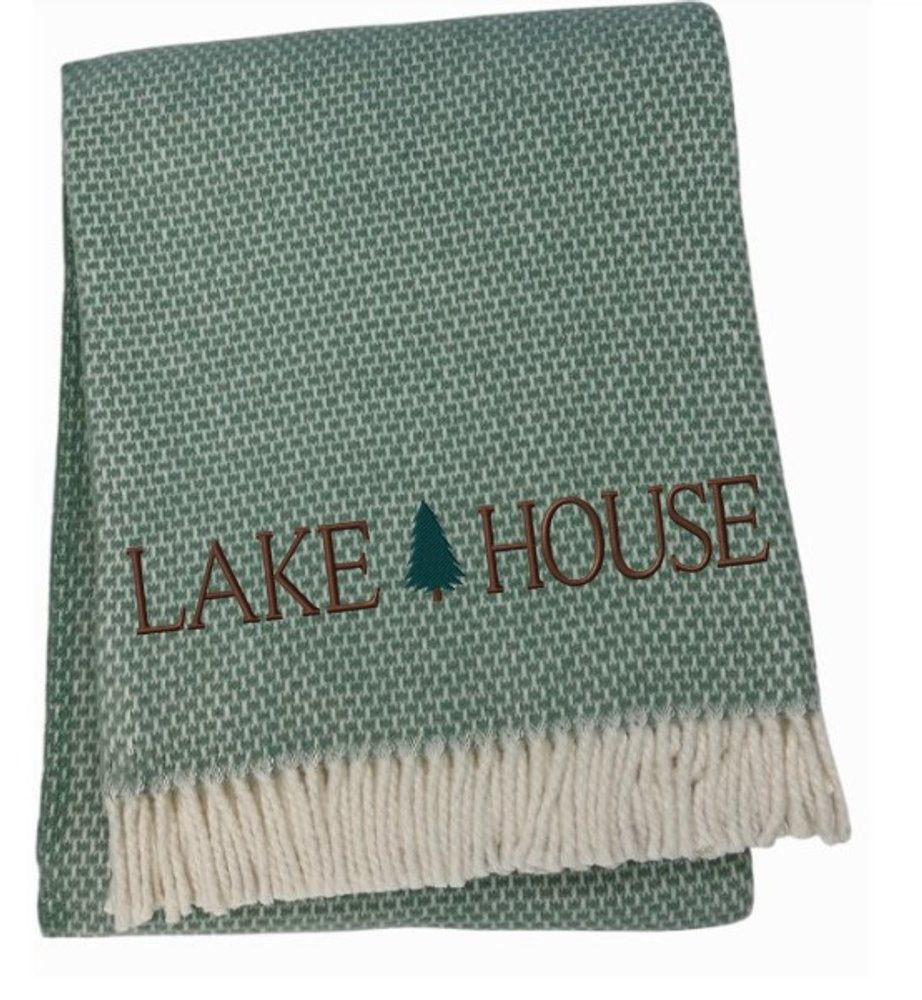55" X 70" Sage And White Cotton Blend Lake House Embroidered Throw Blanket with Fringe
