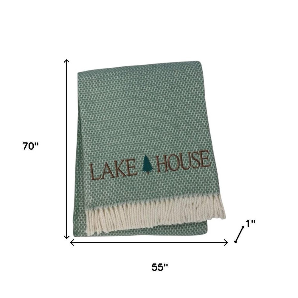 55" X 70" Sage And White Cotton Blend Lake House Embroidered Throw Blanket with Fringe