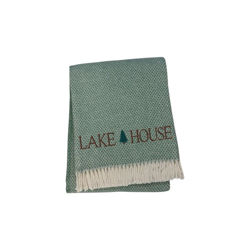 55" X 70" Sage And White Cotton Blend Lake House Embroidered Throw Blanket with Fringe