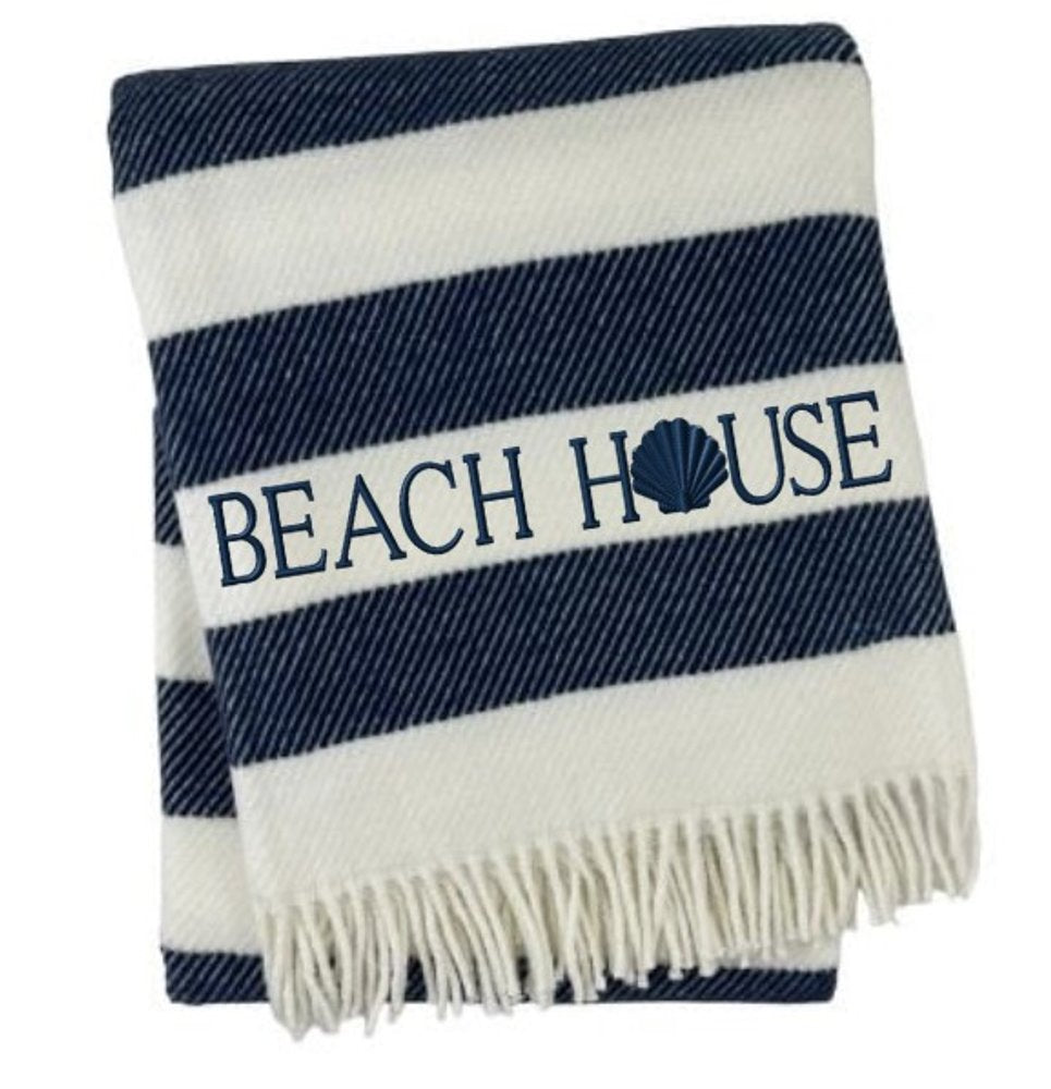 55" X 70" Navy Blue And White Stripe Cotton Beach House Embroidered Throw Blanket with Fringe