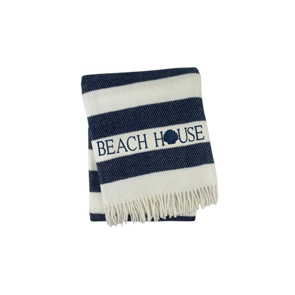 55" X 70" Navy Blue And White Stripe Cotton Beach House Embroidered Throw Blanket with Fringe