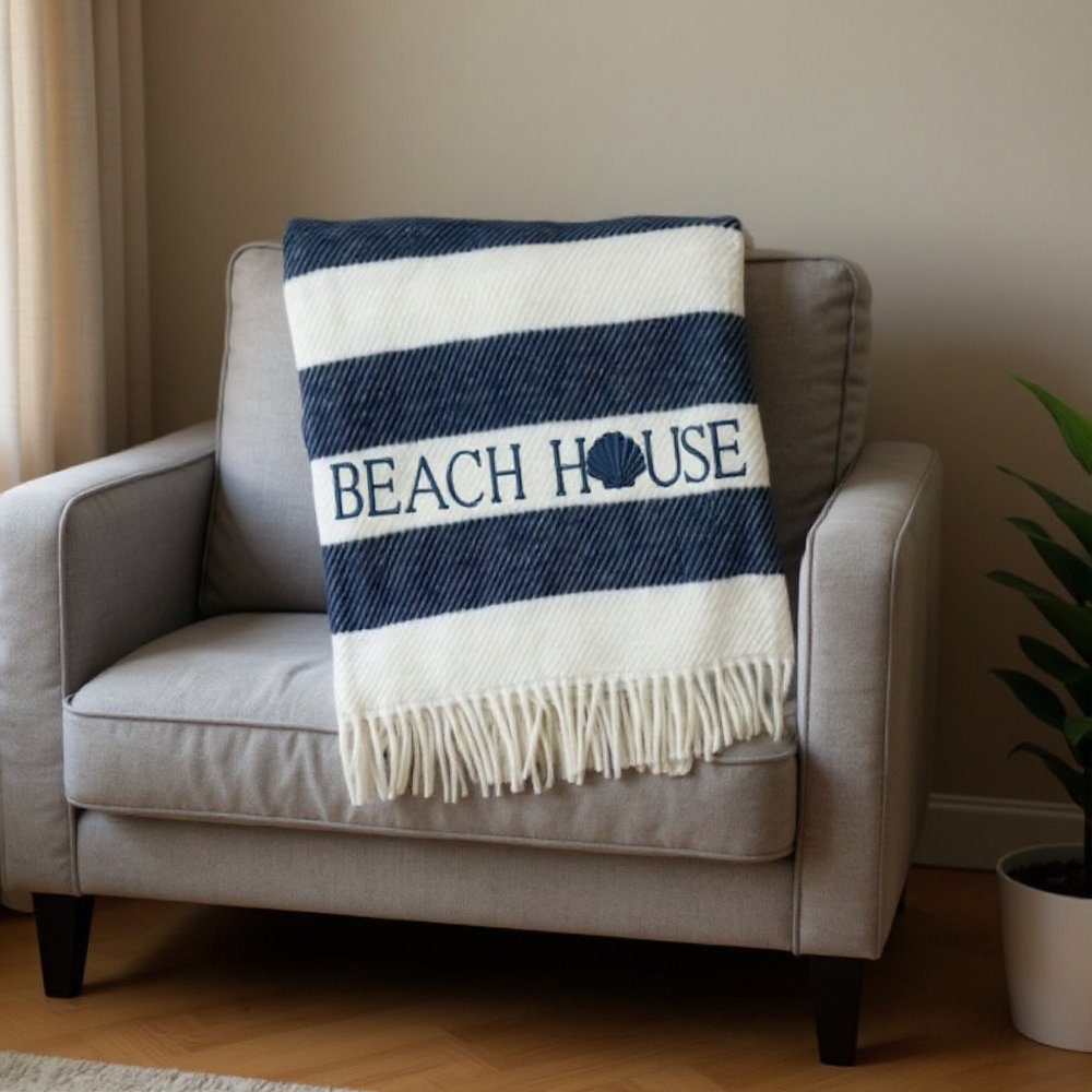 55" X 70" Navy Blue And White Stripe Cotton Beach House Embroidered Throw Blanket with Fringe