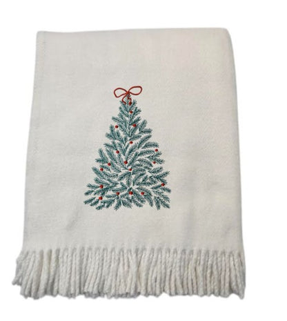 55" X 70" Cream Cotton Blend Woven Christmas Tree Embroidered Throw Blanket with Fringe