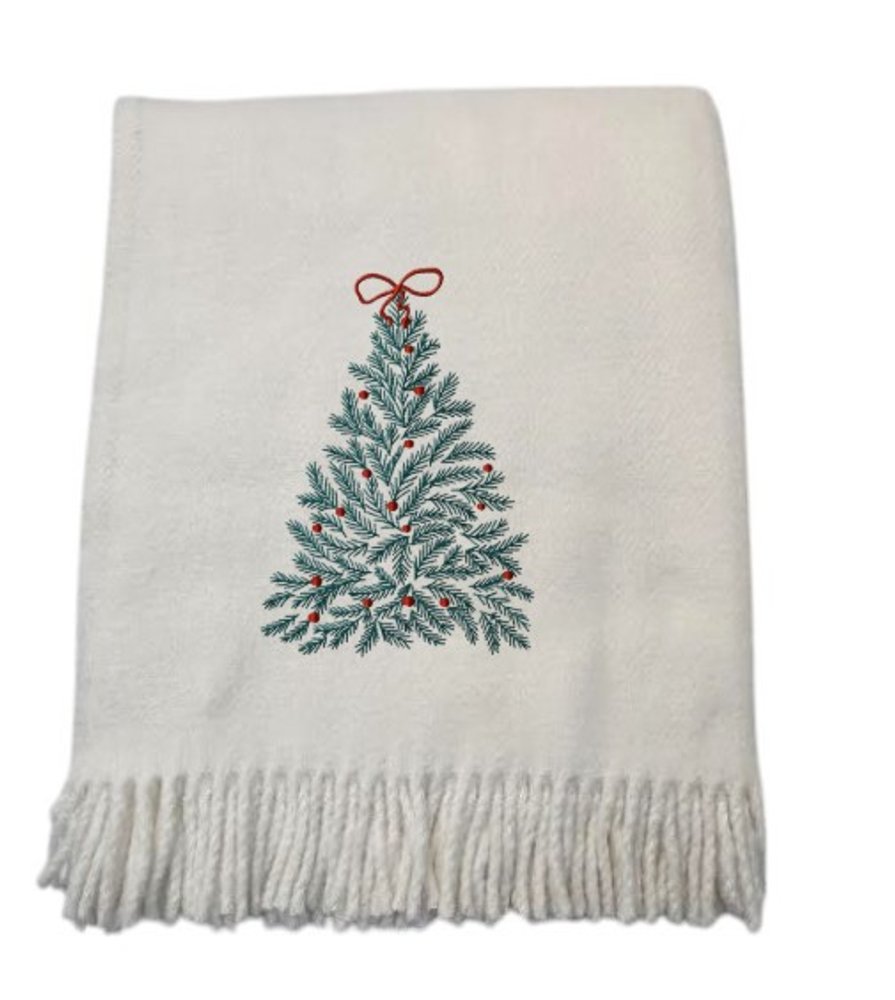 55" X 70" Cream Cotton Blend Woven Christmas Tree Embroidered Throw Blanket with Fringe