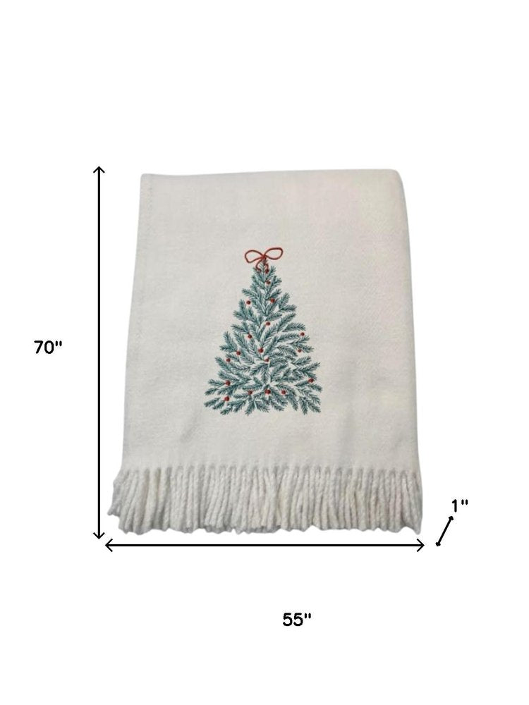 55" X 70" Cream Cotton Blend Woven Christmas Tree Embroidered Throw Blanket with Fringe