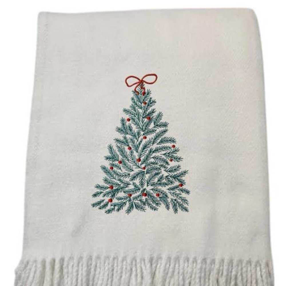55" X 70" Cream Cotton Blend Woven Christmas Tree Embroidered Throw Blanket with Fringe