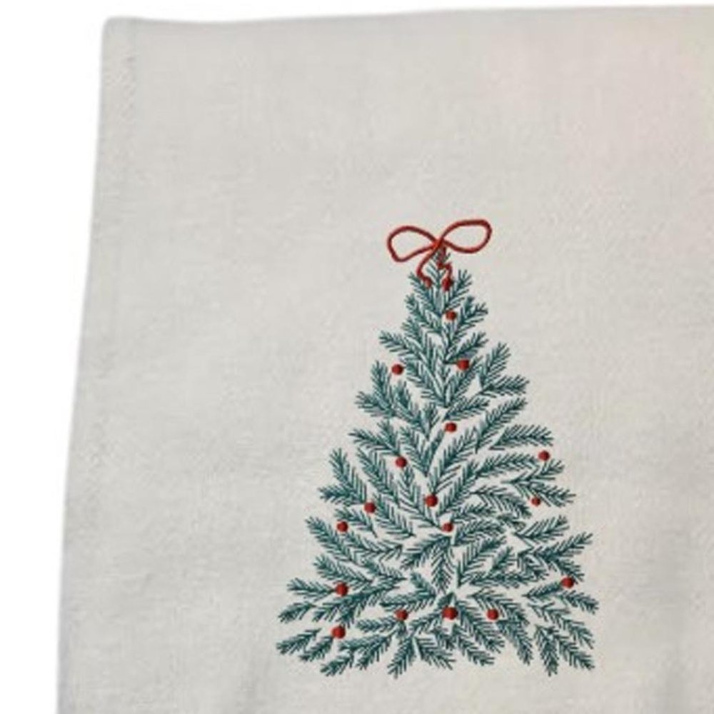 55" X 70" Cream Cotton Blend Woven Christmas Tree Embroidered Throw Blanket with Fringe