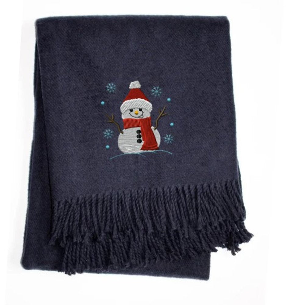55" X 70" Navy BlueCotton Blend Woven Snowman Embroidered Throw Blanket with Fringe