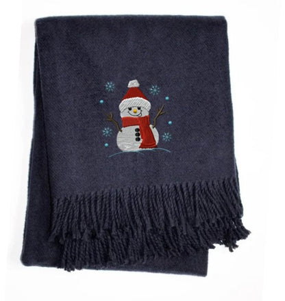 55" X 70" Navy BlueCotton Blend Woven Snowman Embroidered Throw Blanket with Fringe