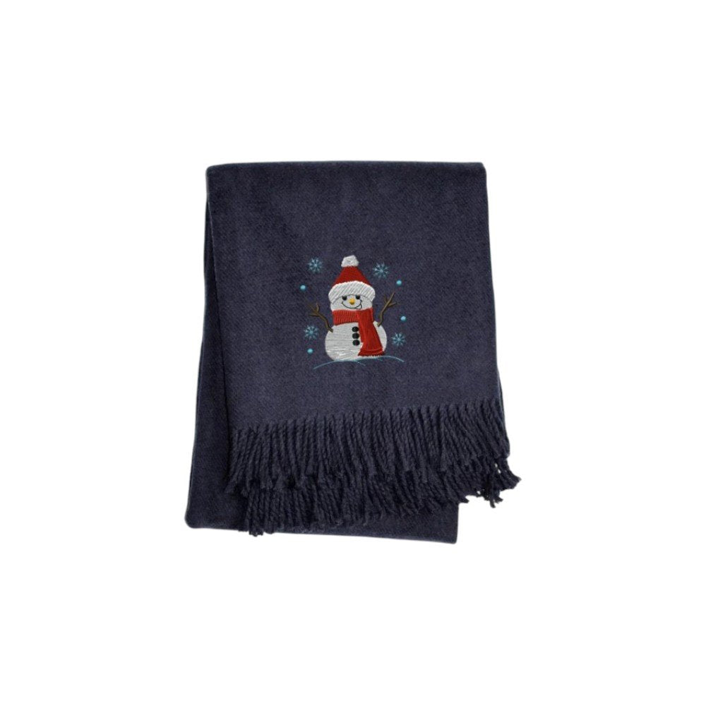 55" X 70" Navy BlueCotton Blend Woven Snowman Embroidered Throw Blanket with Fringe